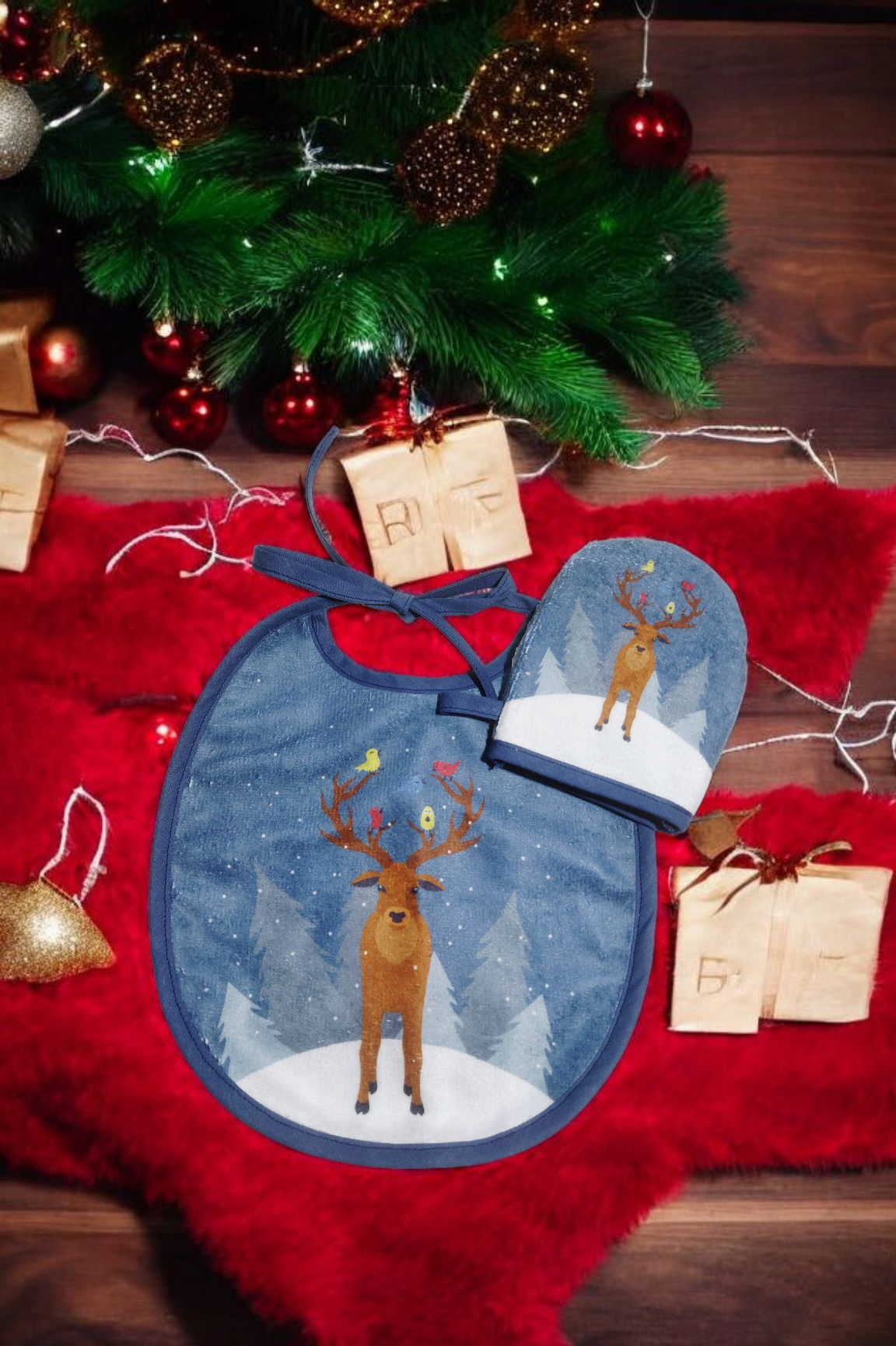 Coffret naissance ou premier Noël bébé – bavoir rond & mini gant assort