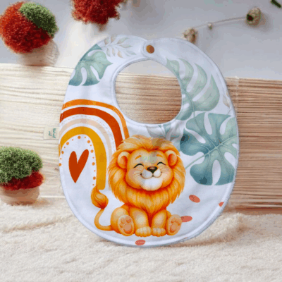 Bavoir rond bébé 0-6 mois motif lion et arc-en-ciel – coton premium & éponge de bambou Oeko-Tex® – fait main