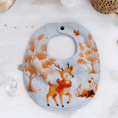 Bavoir rond bébé motif faon en coton premium et éponge de bambou – Fait main