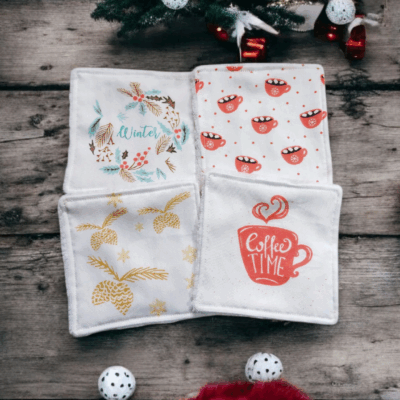 Lot de 4 lingettes démaquillantes lavables motif hiver – fait main en coton et éponge de bambou Oeko-Tex®