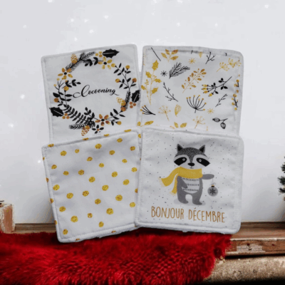 Lot de 4 lingettes lavables motif hiver – fait main en éponge de bambou et coton – idée cadeau de Noël