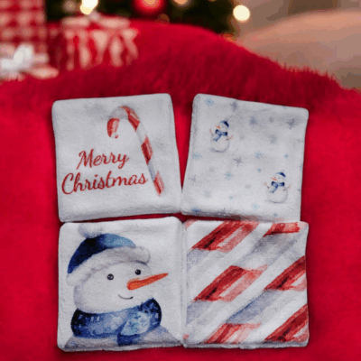 Lot de 4 lingettes lavables double face en éponge de bambou – motif de Noël – Oeko-Tex® et imprimé en France
