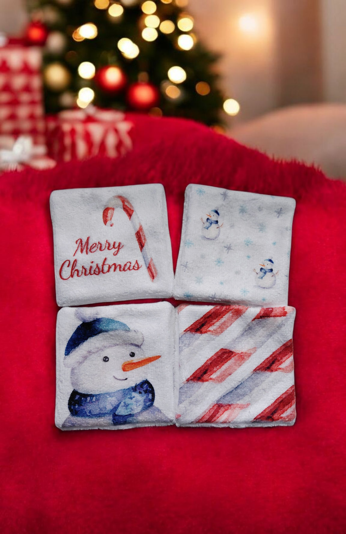 Lot de 4 lingettes lavables double face en éponge de bambou – motif de Noël – Oeko-Tex® et imprimé en France