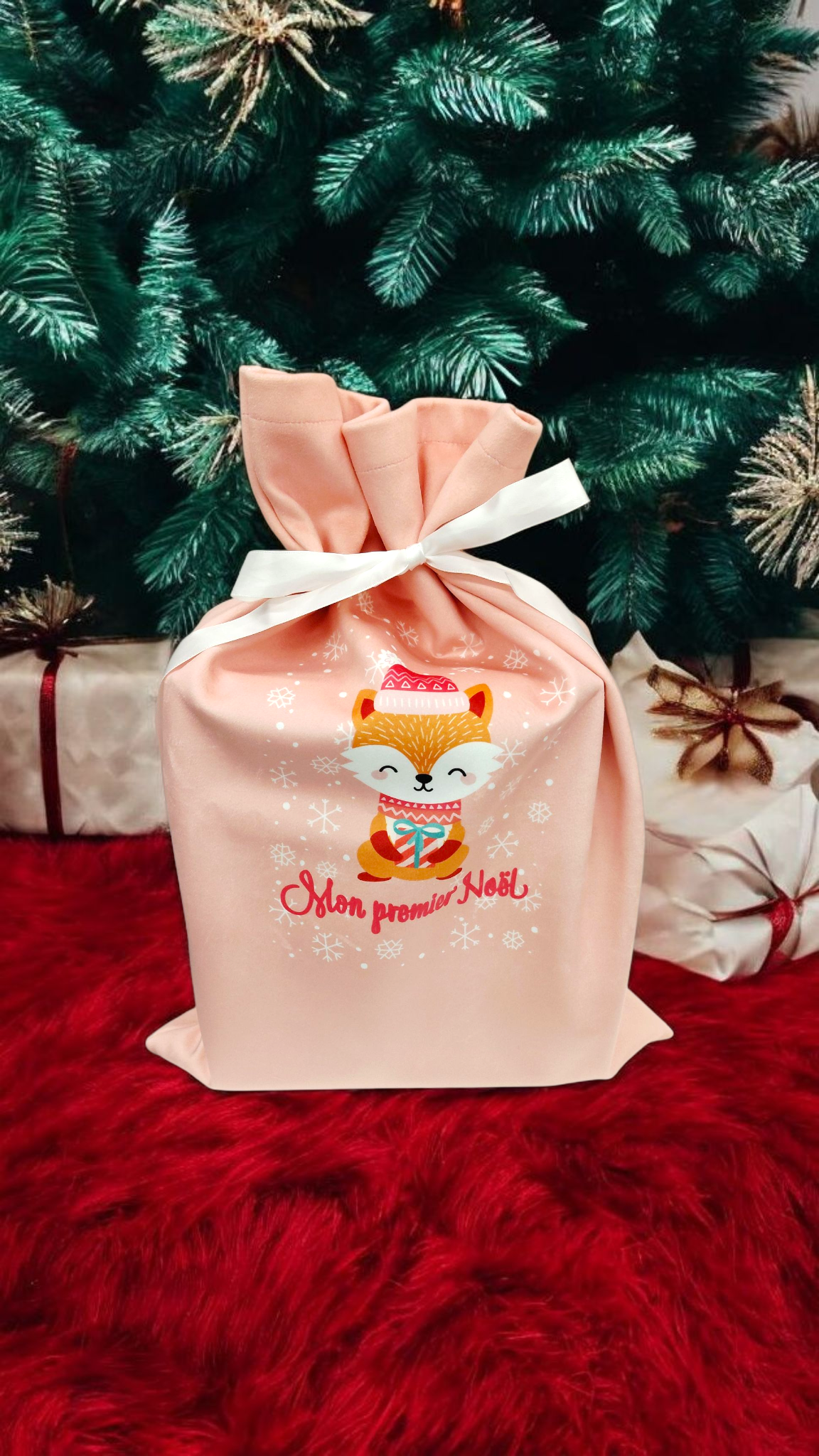 Hotte de Noël 'Mon Premier Noël' en Velours Rose - Fait Main, Tissu Oeko-Tex
