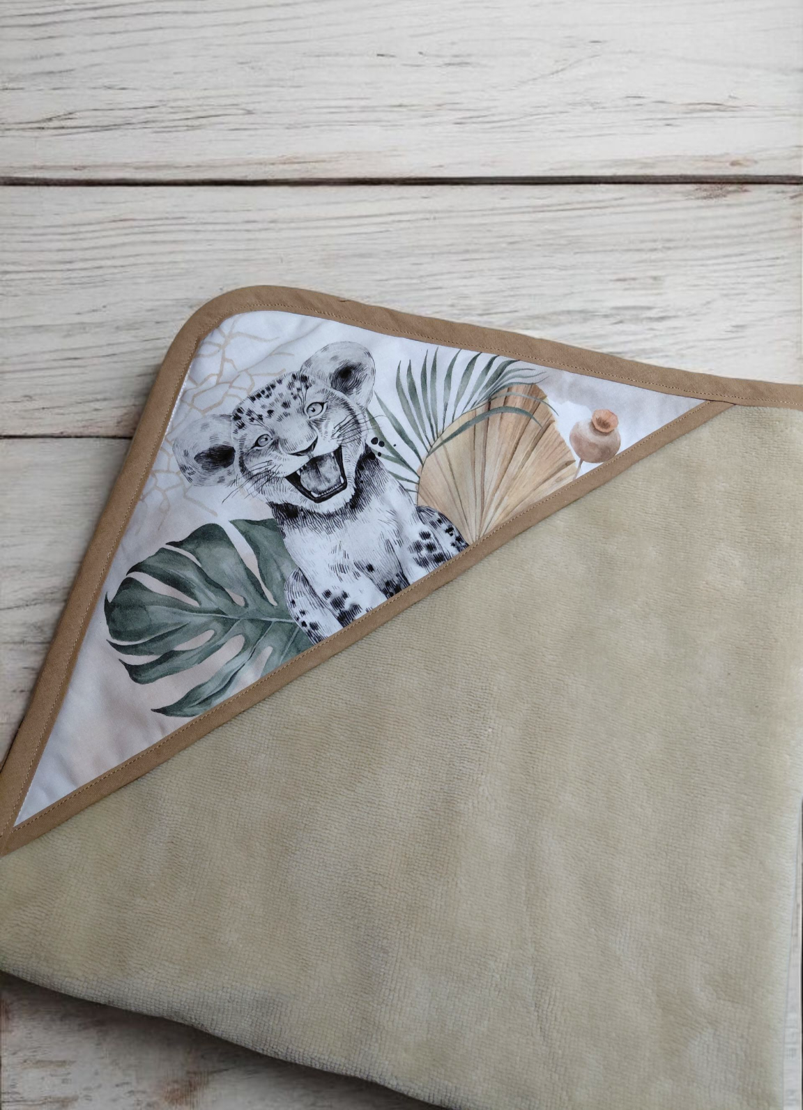 Cape de bain bébé Savane doublée bambou & coton Premium – Fait main – Naturel & Vert