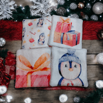 Lot de 4 lingettes lavables double face en éponge de bambou – motif de Noël – Oeko-Tex® et imprimé en France