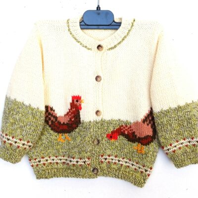 Gilet tricot pour bébé, fait main, en laine, avec des poules, taille 1 an