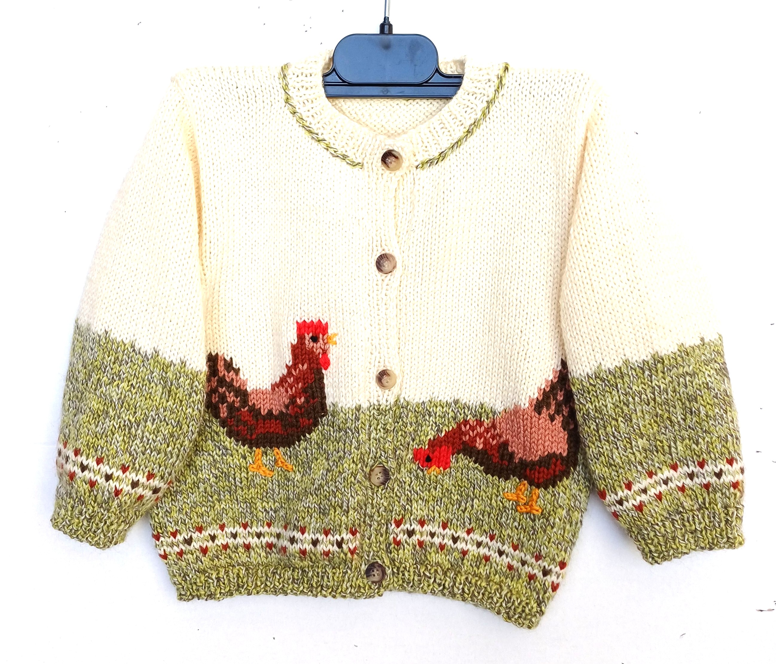 Gilet tricot pour bébé, fait main, en laine, avec des poules, taille 1 an