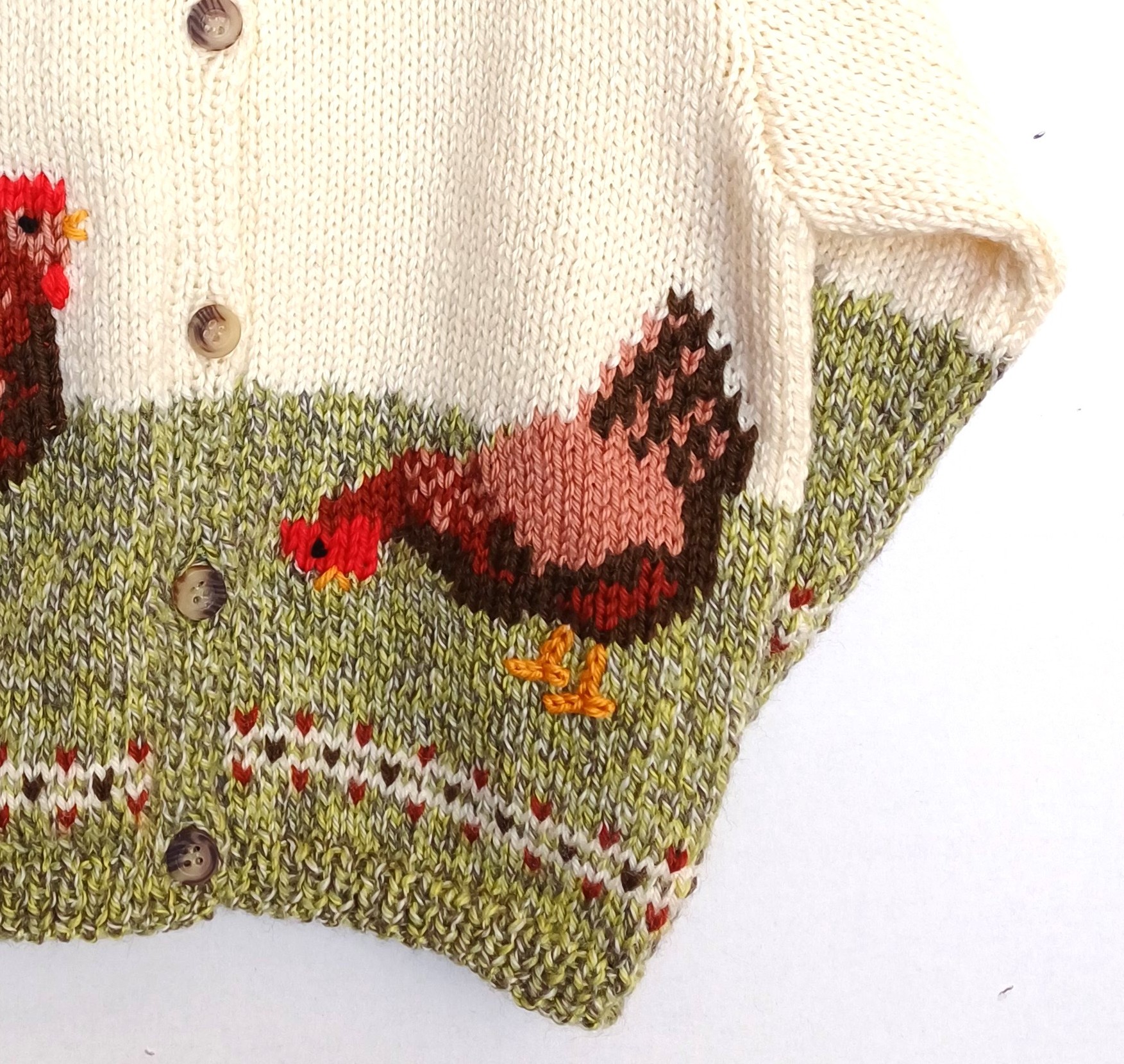 Gilet tricot pour bébé, fait main, en laine, avec des poules, taille 1 an – Image 4