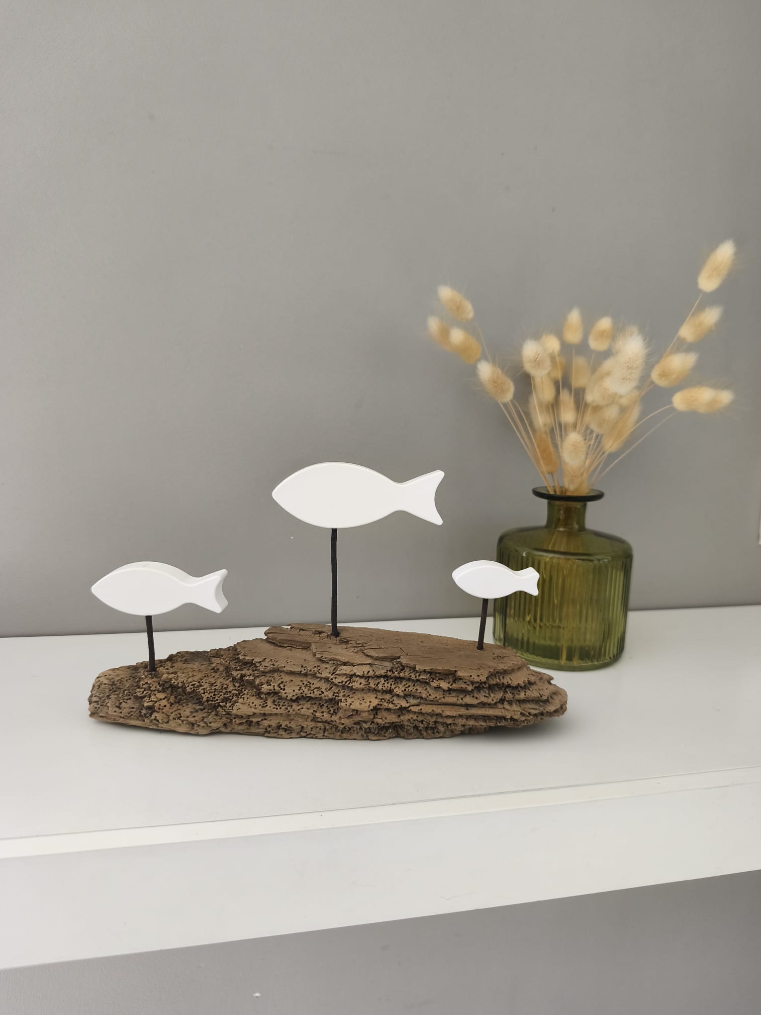 Sculpture Déco Bois Flotté & Poissons Blancs