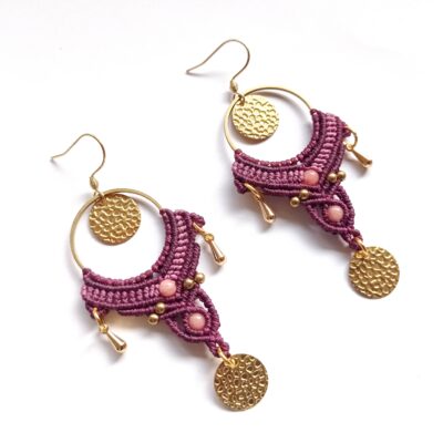 Boucles d'oreilles, micro macramé, rose et prune, acier inoxydable doré