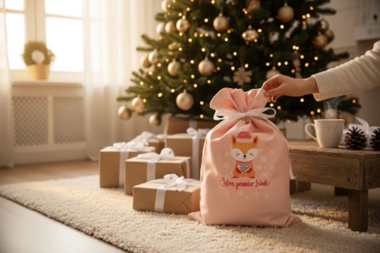 Hotte de Noël 'Mon Premier Noël' en Velours Rose - Fait Main, Tissu Oeko-Tex – Image 3