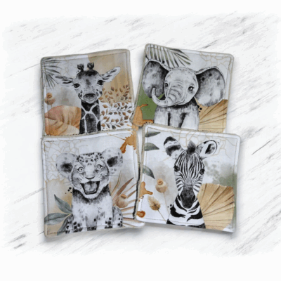 Lot de 4 lingettes bébé Savane en éponge de bambou – Fait main – Naturel & Vert