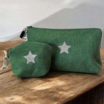 Duo trousse en velours vert émeraude et son porte monnaie assorti
