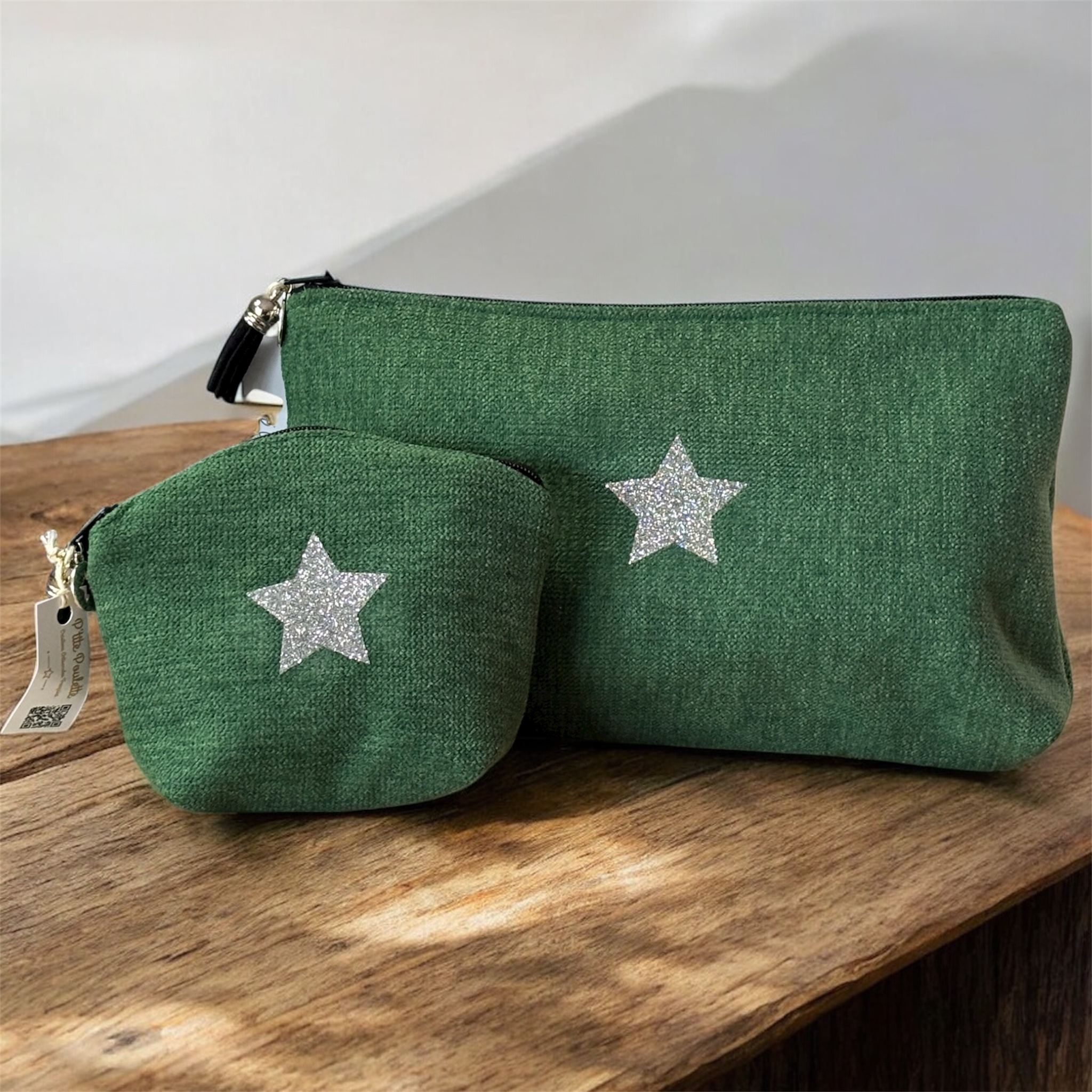 Duo trousse en velours vert émeraude et son porte monnaie assorti