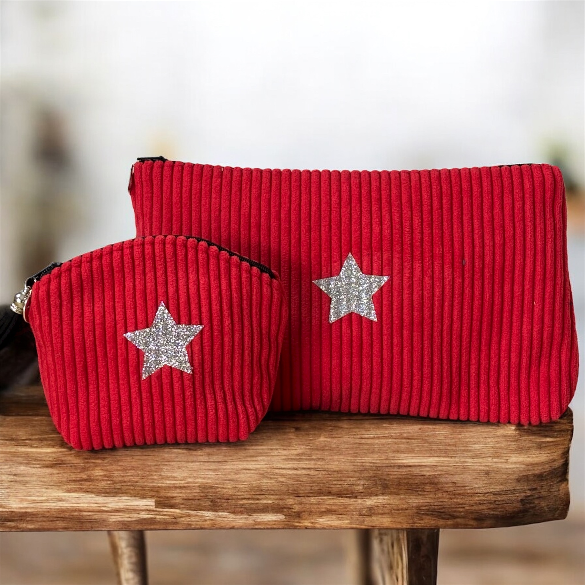 Duo trousse en velours côtelé rouge vif et son porte monnaie assorti- Création artisanale française