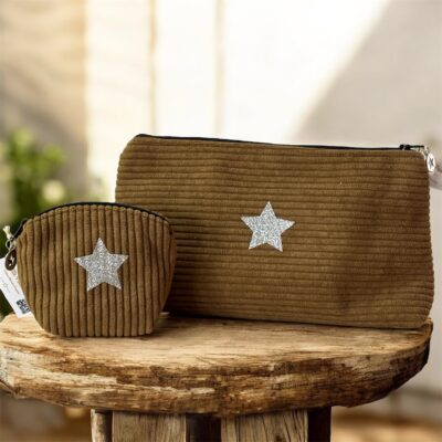 Duo trousse en velours côtelé tabac et son porte monnaie assorti- Création artisanale française