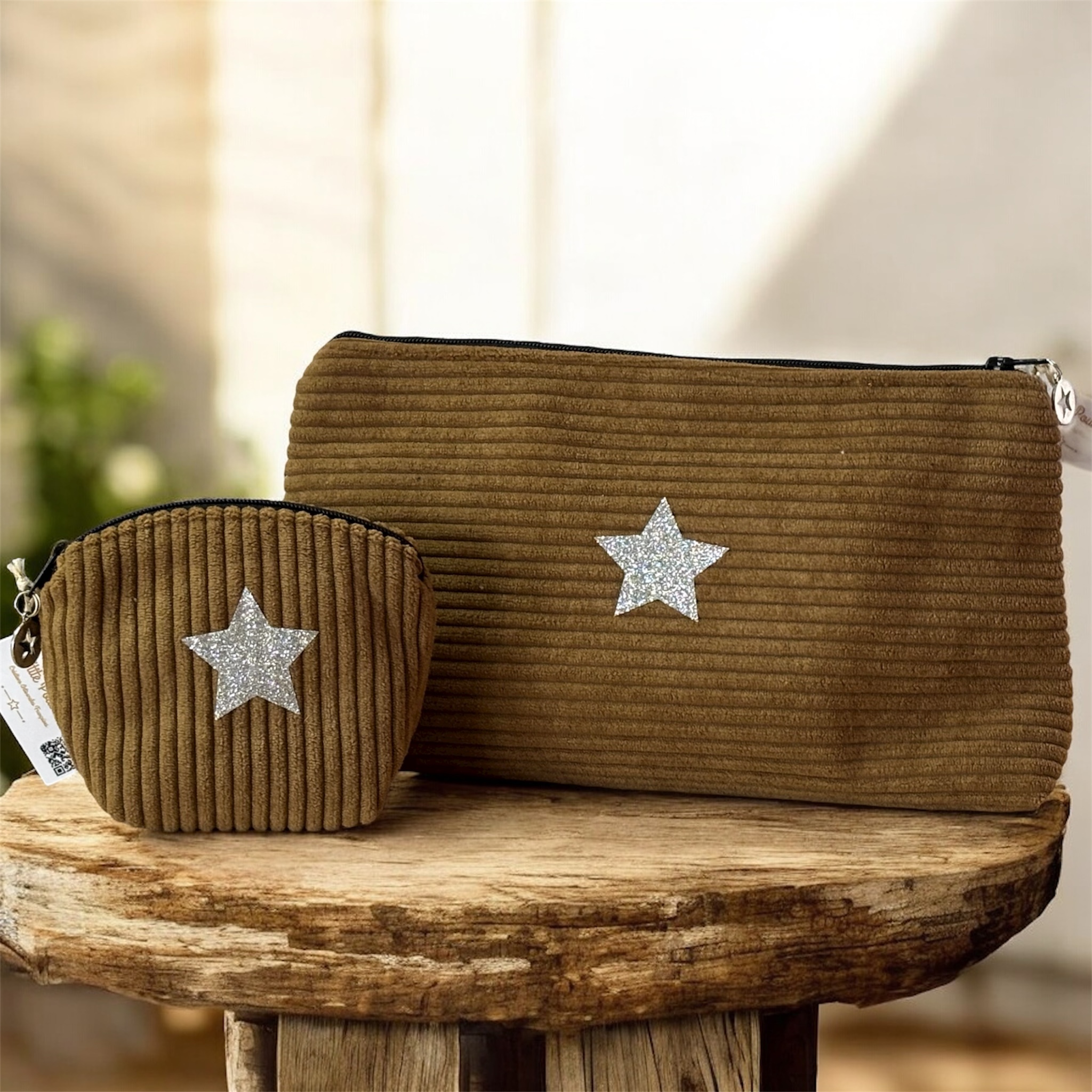 Duo trousse en velours côtelé tabac et son porte monnaie assorti- Création artisanale française