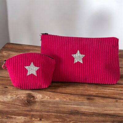 Duo trousse en velours côtelé rose vif et son porte monnaie assorti- Création artisanale française