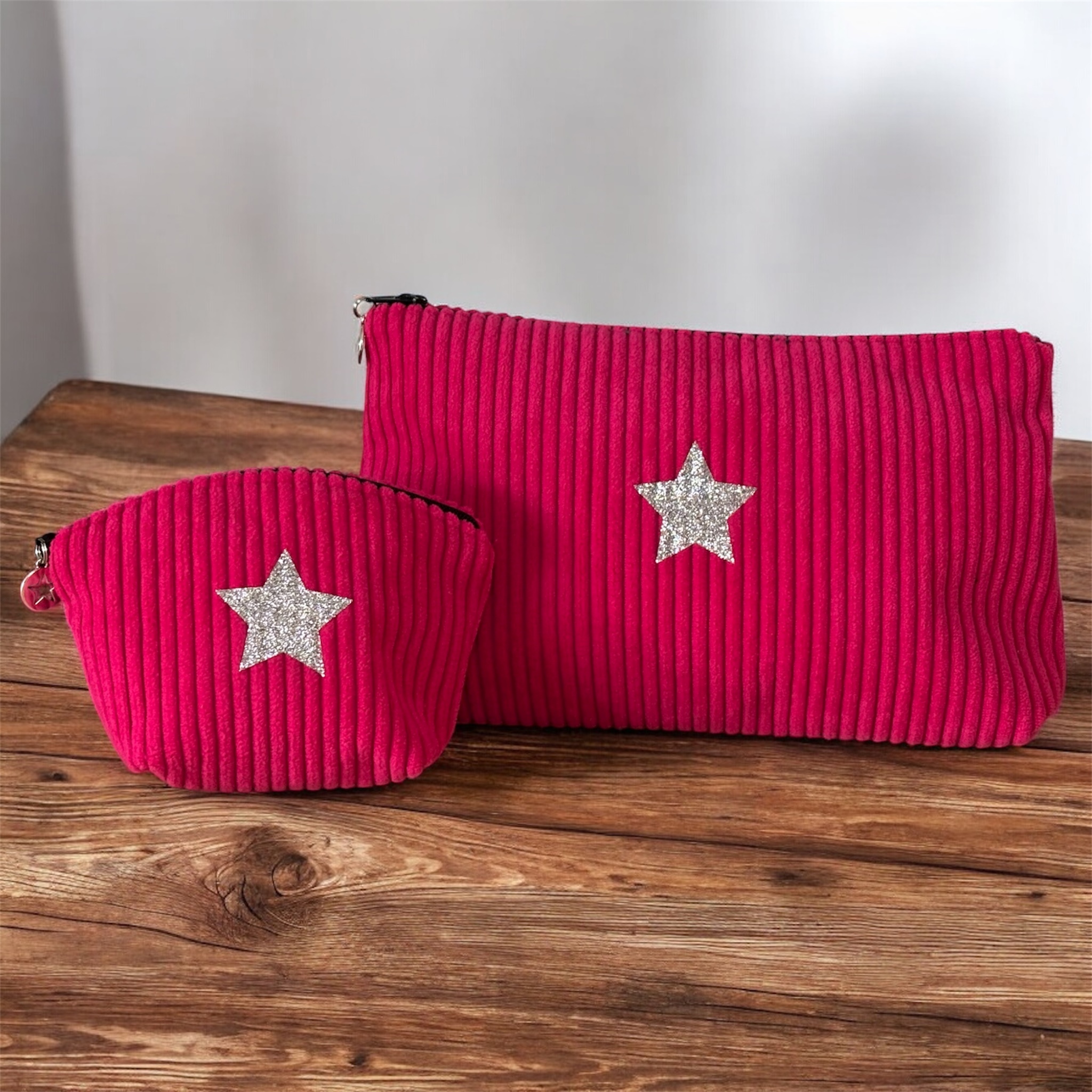 Duo trousse en velours côtelé rose vif et son porte monnaie assorti- Création artisanale française