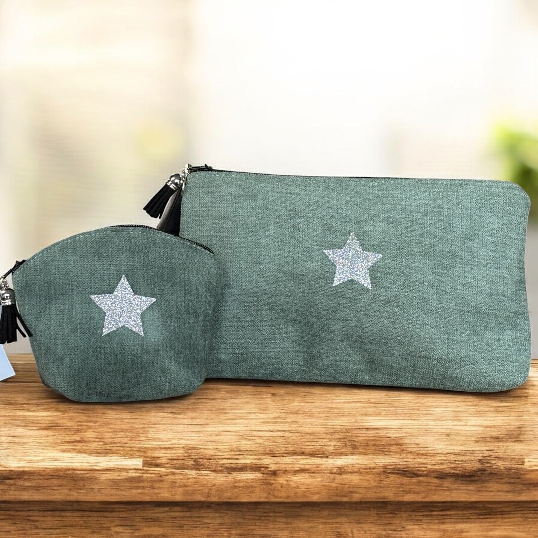 Duo trousse en velours côtelé vert d'eau et son porte monnaie assorti- Création artisanale française