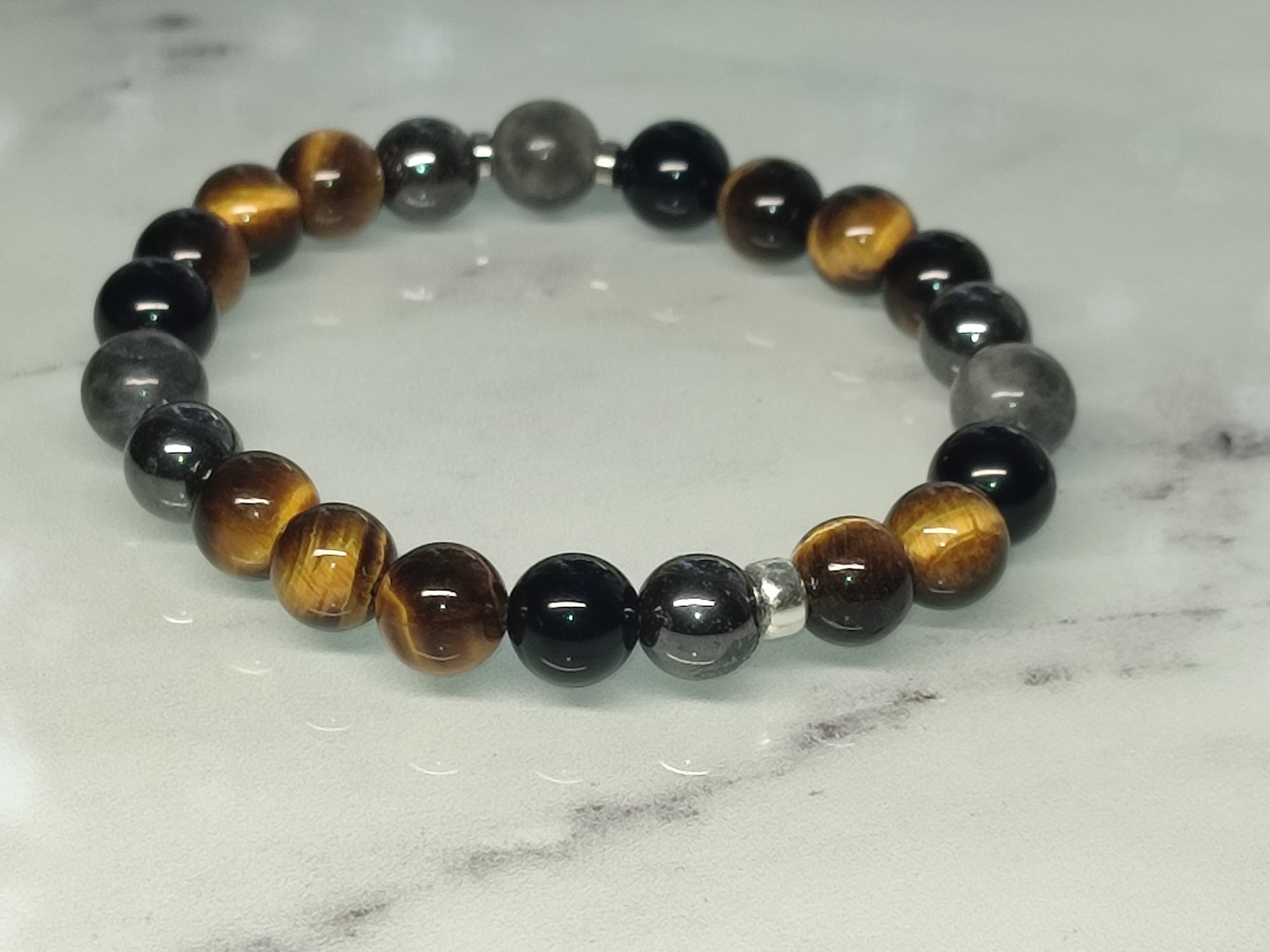Bracelet Œil de Faucon, Œil de Tigre, Hématite et Obsidienne Noire – Image 4