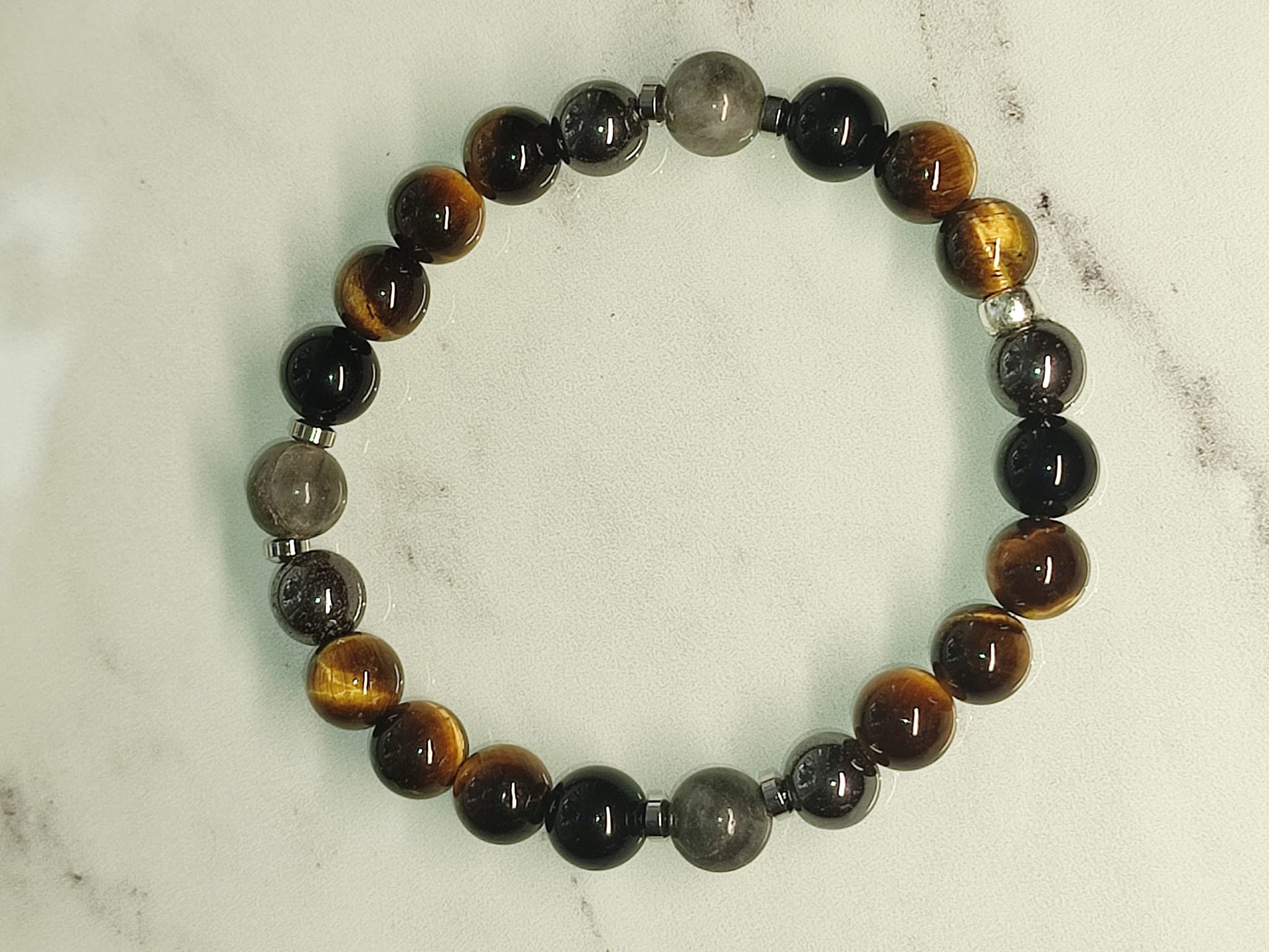 Bracelet Œil de Faucon, Œil de Tigre, Hématite et Obsidienne Noire – Image 3