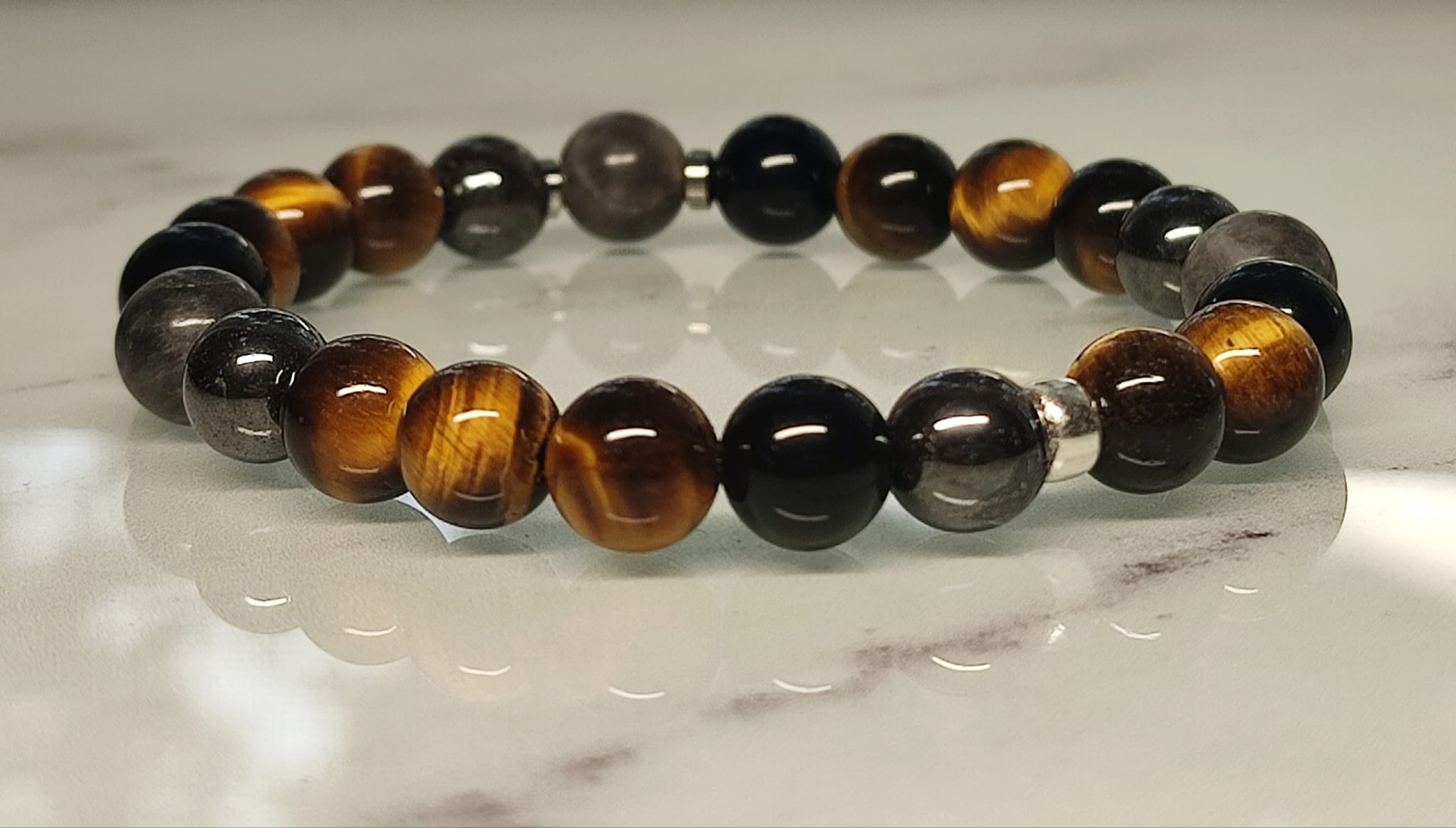 Bracelet Œil de Faucon, Œil de Tigre, Hématite et Obsidienne Noire