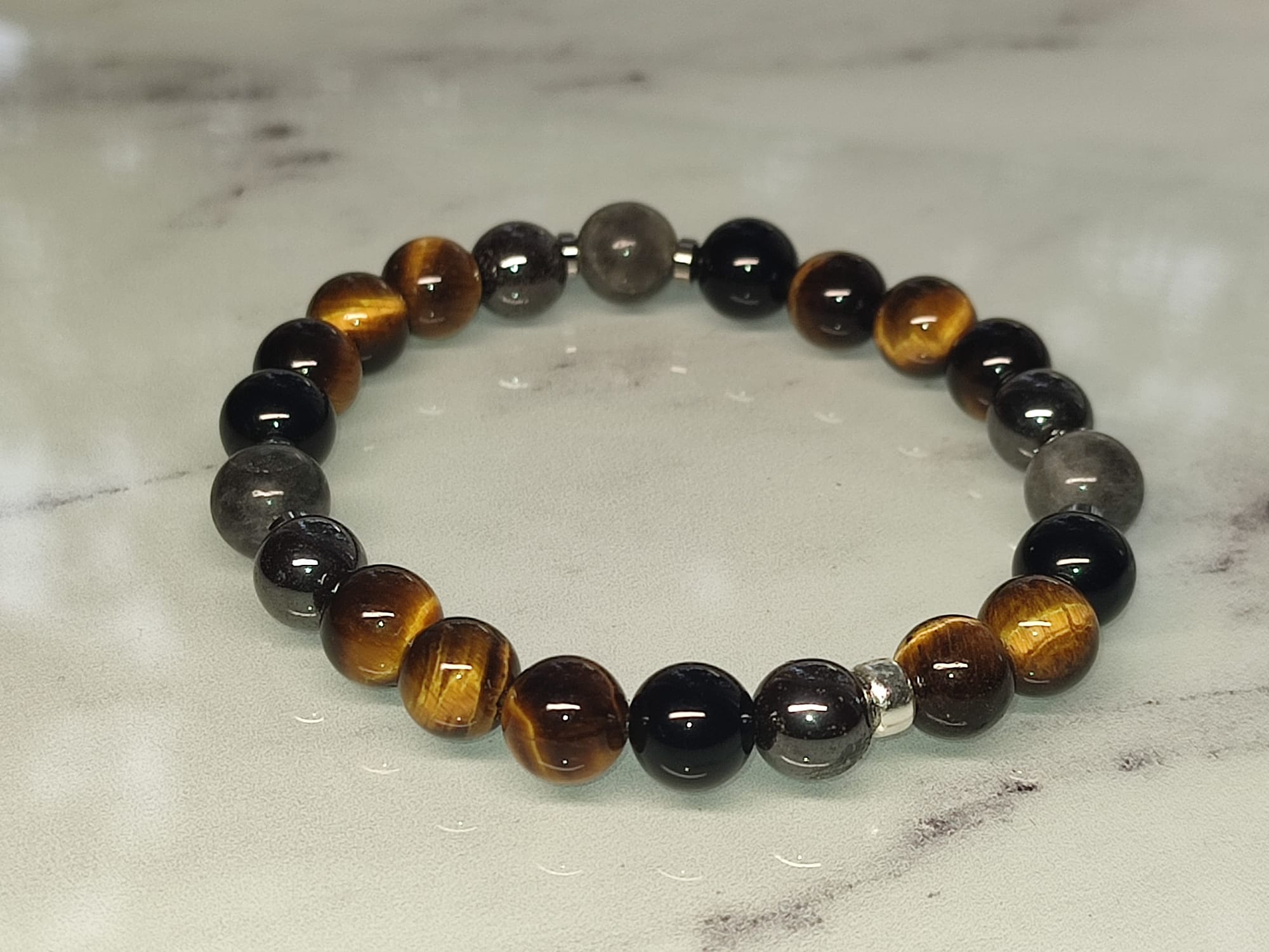 Bracelet Œil de Faucon, Œil de Tigre, Hématite et Obsidienne Noire – Image 2