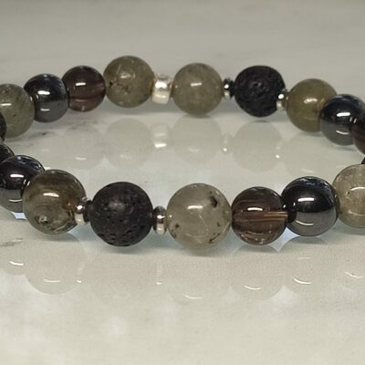 Bracelet élastique en perles de Labradorite, Hématite, Quartz Fumé et Pierre de Lave