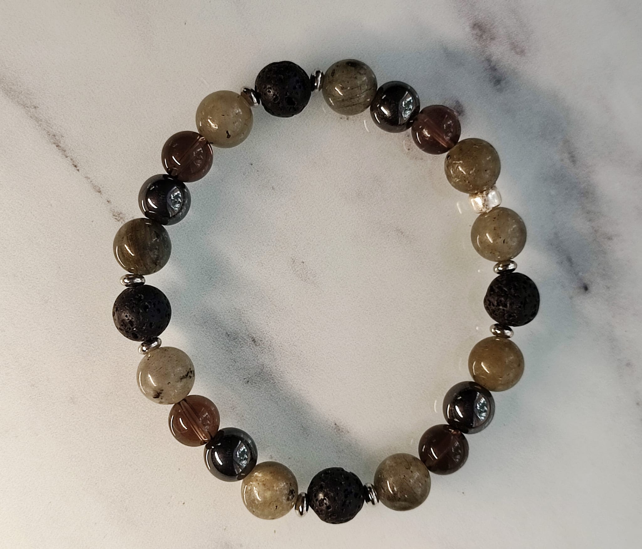 Bracelet élastique en perles de Labradorite, Hématite, Quartz Fumé et Pierre de Lave – Image 3