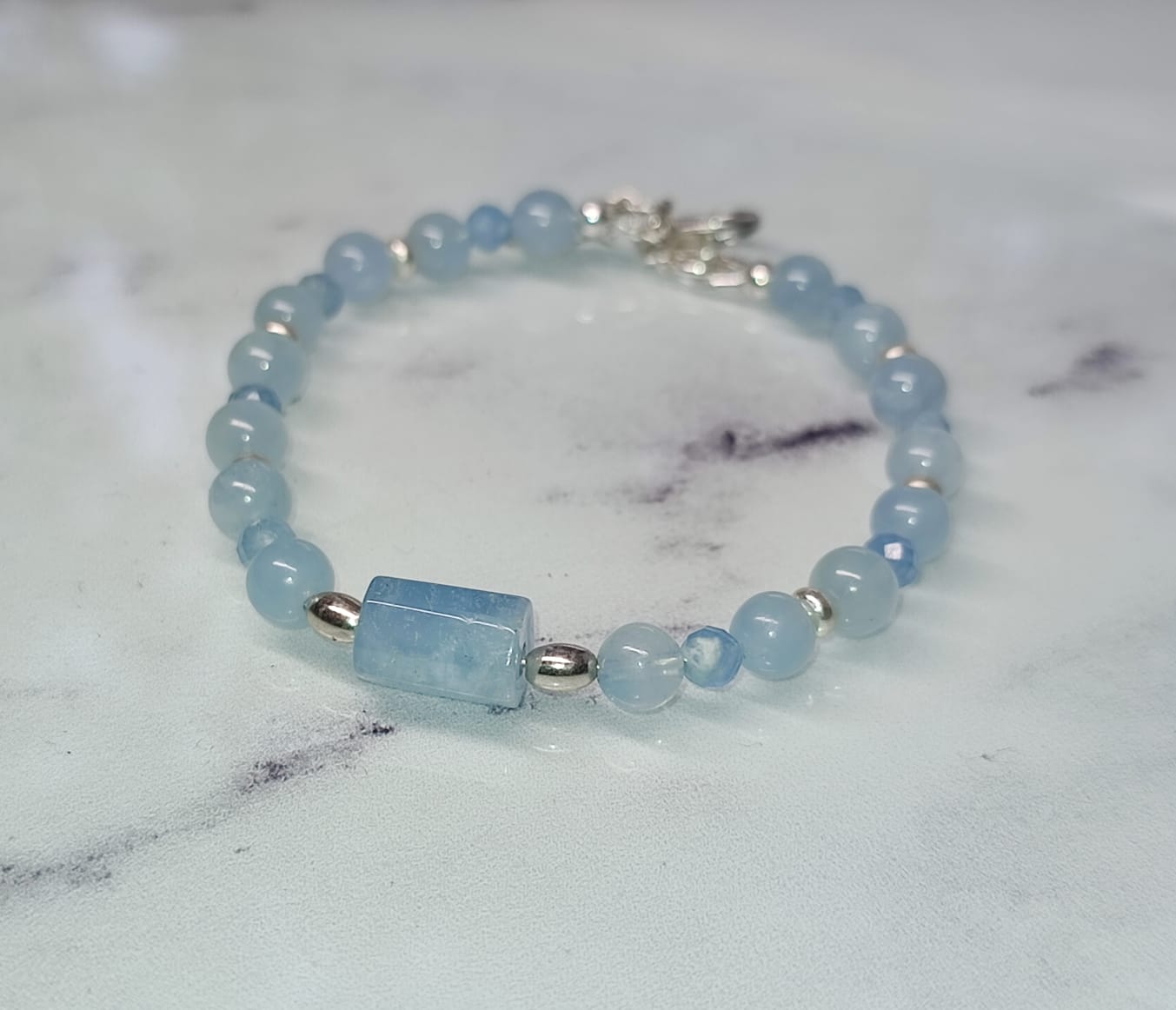 Bracelet en perles d' Aigue-Marine naturelles sur Argent 925 – Image 2