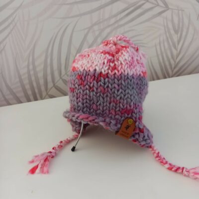 bonnet 12 mois péruvien rose gris tricoté main