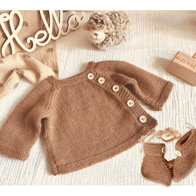 Esemble Brassiere et chaussons en laine mérinos-Collection Chamallow - cannelle-0 6 mois