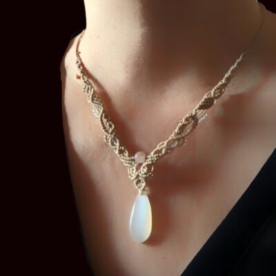 Collier Macramé En Pierre Fine Naturelle Pierre De Lune Blanche