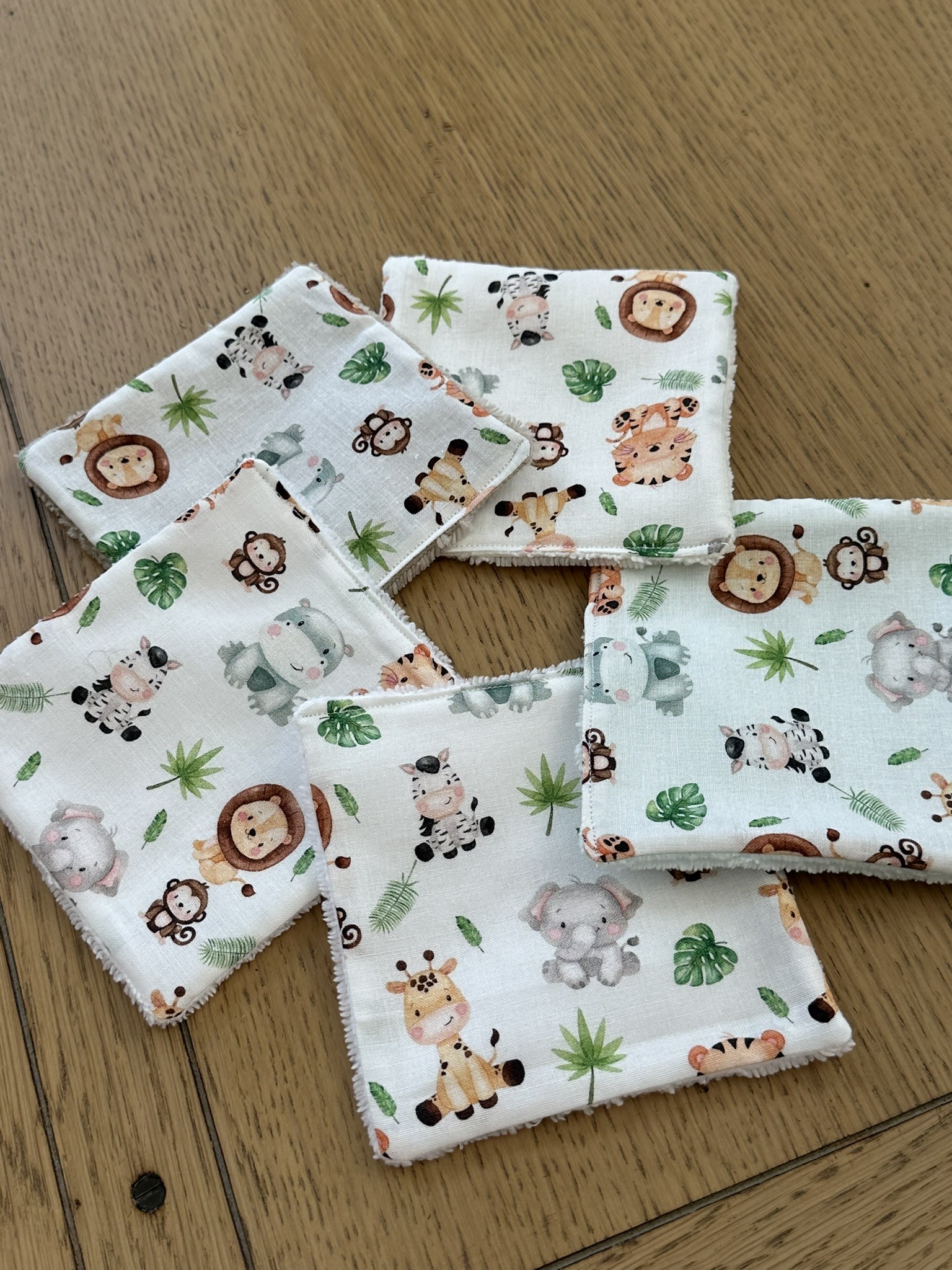 Lingettes lavables bébé motifs animaux savane éponge bambou, coton, polaire au choix - ATELIERSDISA