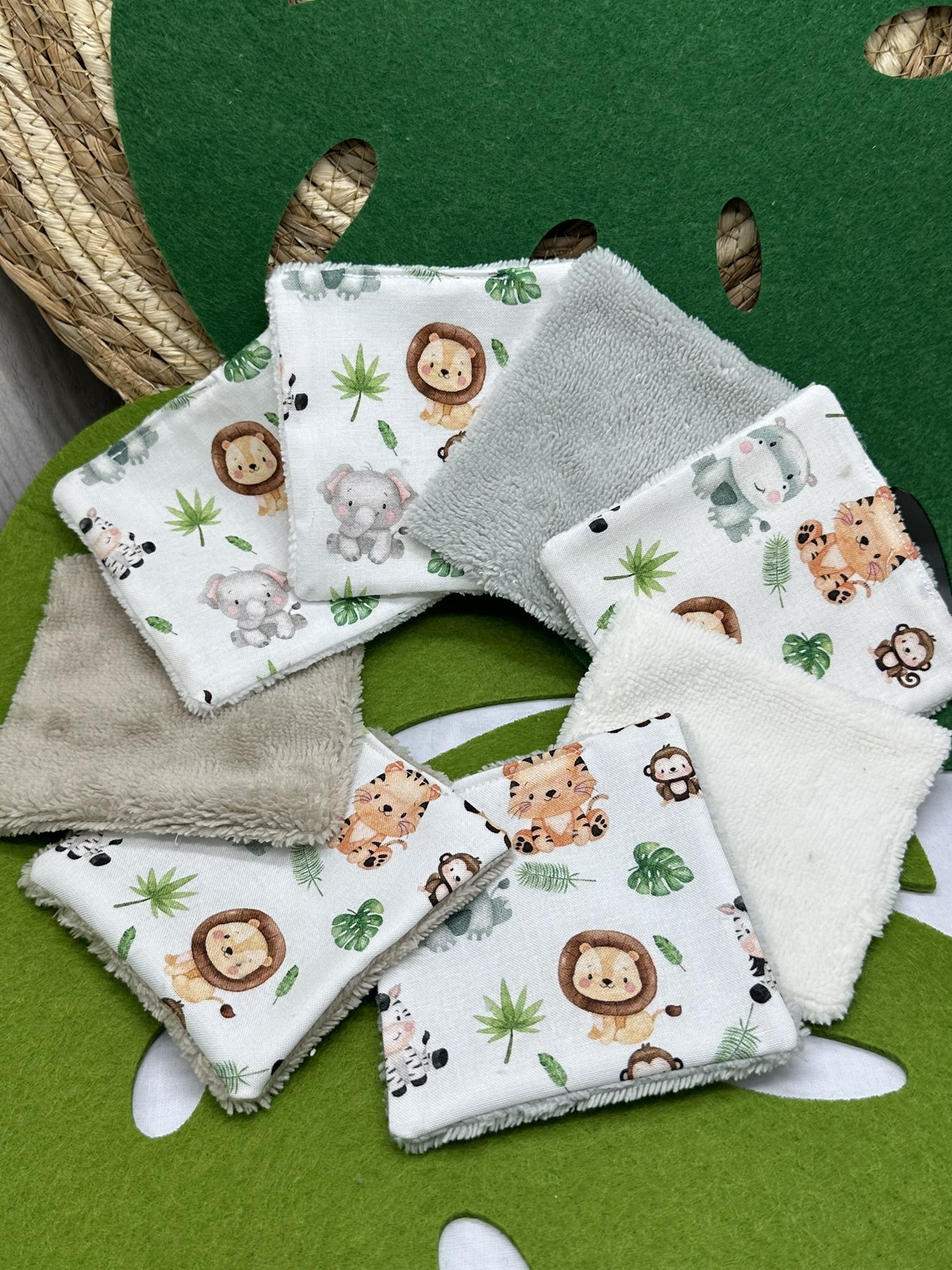 Lingettes lavables bébé motifs animaux savane éponge bambou, coton, polaire au choix - ATELIERSDISA – Image 2