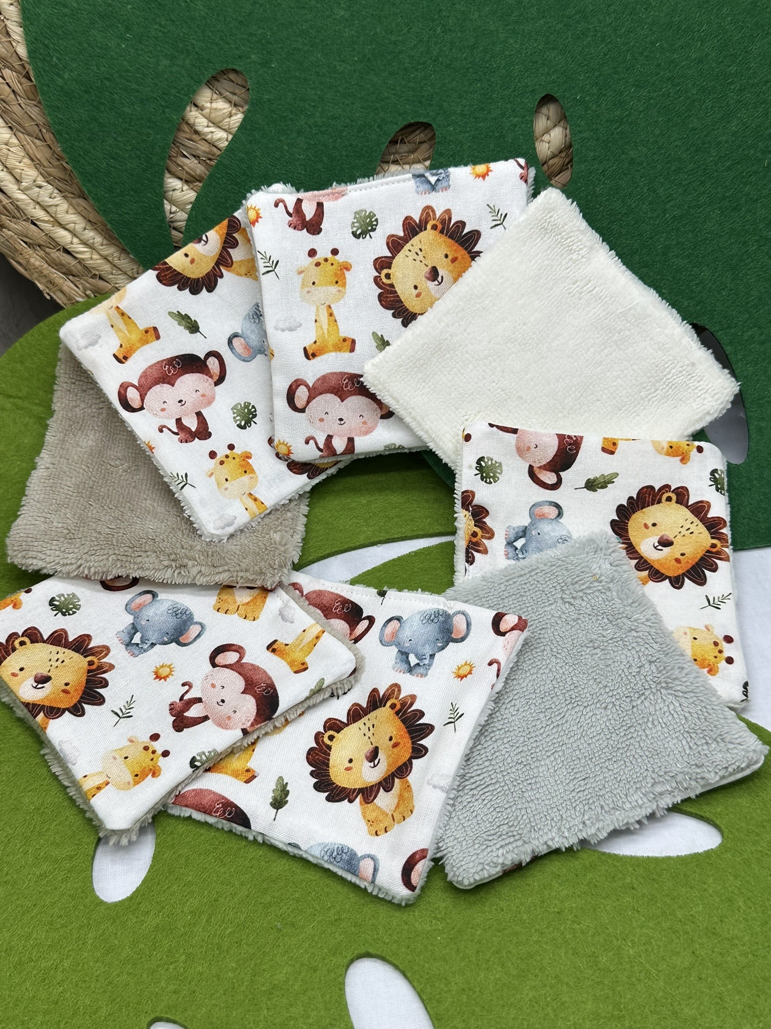 Lingettes lavables bébé motifs animaux savane éponge bambou, coton, polaire au choix - ATELIERSDISA
