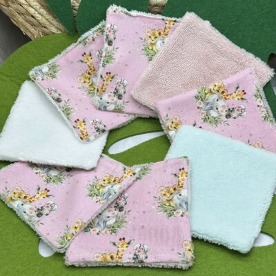 Lingettes lavables bébé motifs animaux savane éponge bambou, coton, polaire au choix - ATELIERSDISA