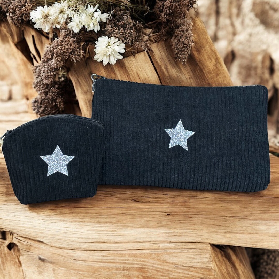 Duo trousse en velours côtelé noir et son porte monnaie assorti- Création artisanale française
