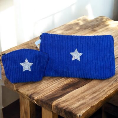 Duo trousse en velours côtelé bleu roi et son porte monnaie assorti- Création artisanale française