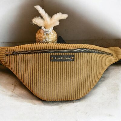 Sac banane en velours côtelé tabac et anse en coton pailletée