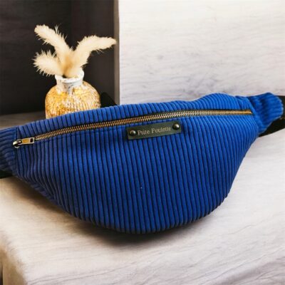 Sac banane en velours côtelé bleu roi et anse en coton pailletée