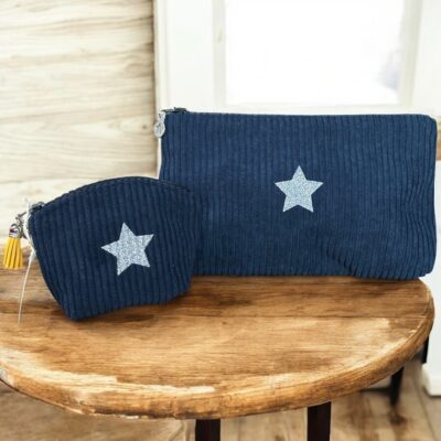 Duo trousse en velours côtelé bleu marine et son porte monnaie assorti- Création artisanale française
