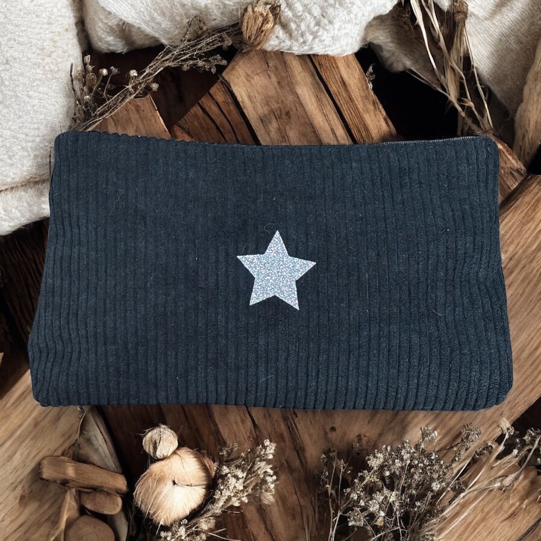 Duo trousse en velours côtelé noir et son porte monnaie assorti- Création artisanale française – Image 5