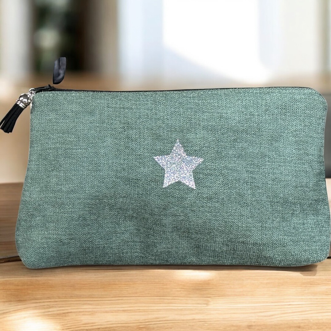 Duo trousse en velours côtelé vert d'eau et son porte monnaie assorti- Création artisanale française – Image 4