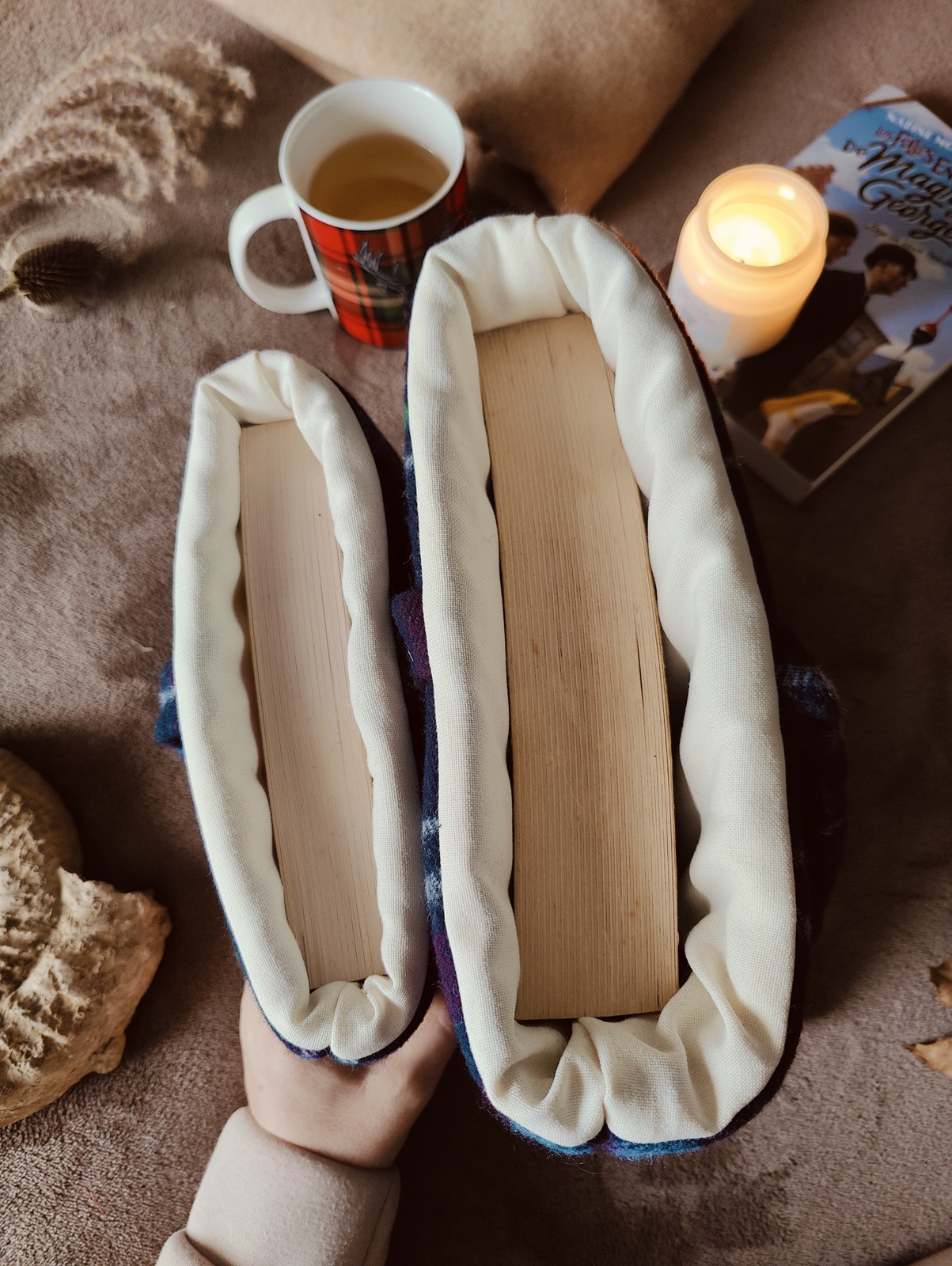 Vue du dessus des deux pochettes ouvertes avec livres à l’intérieur