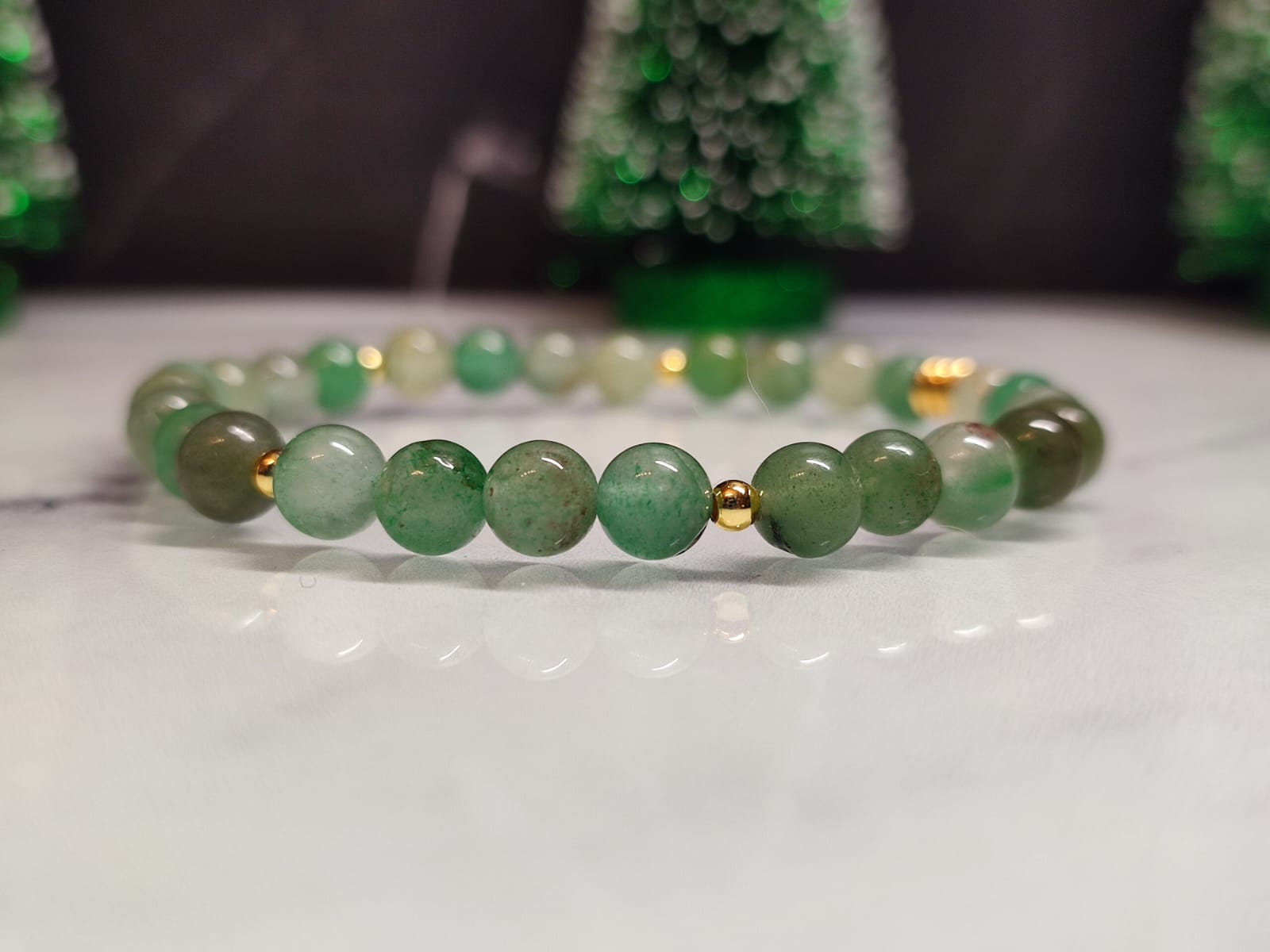Bracelet Aventurine verte élastique et Plaqué Or