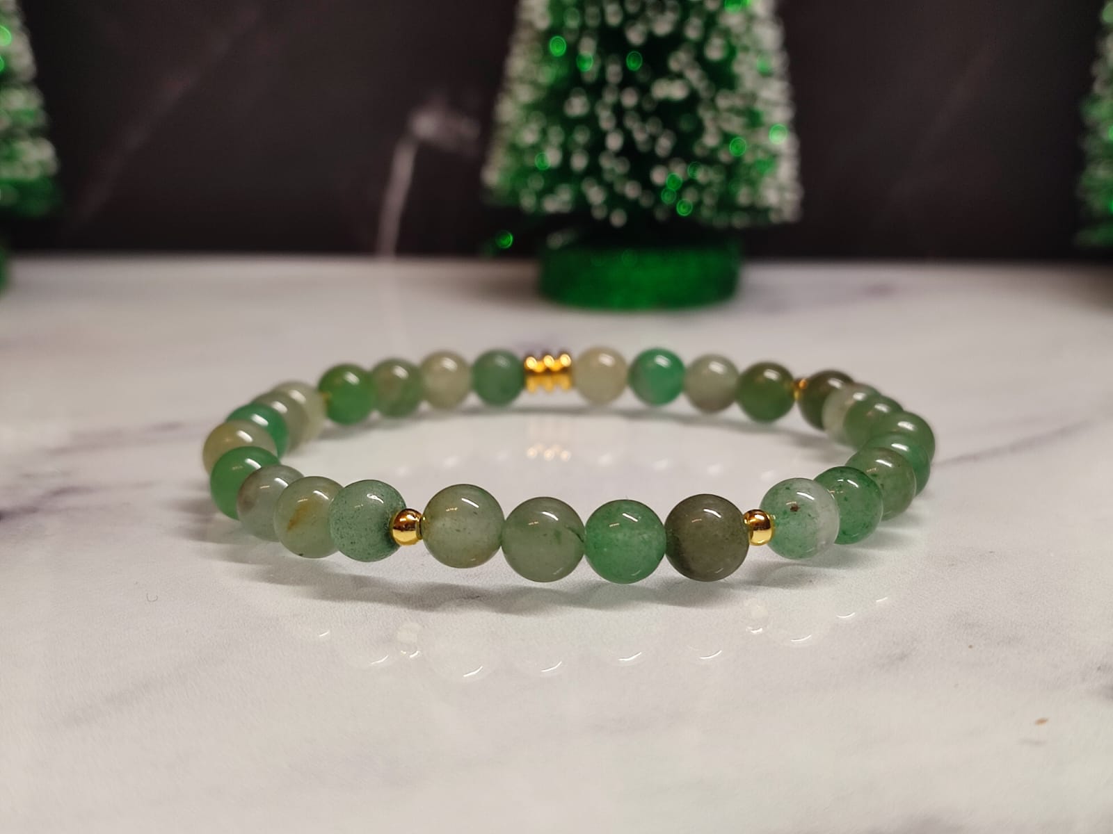 Bracelet Aventurine verte élastique et Plaqué Or – Image 3