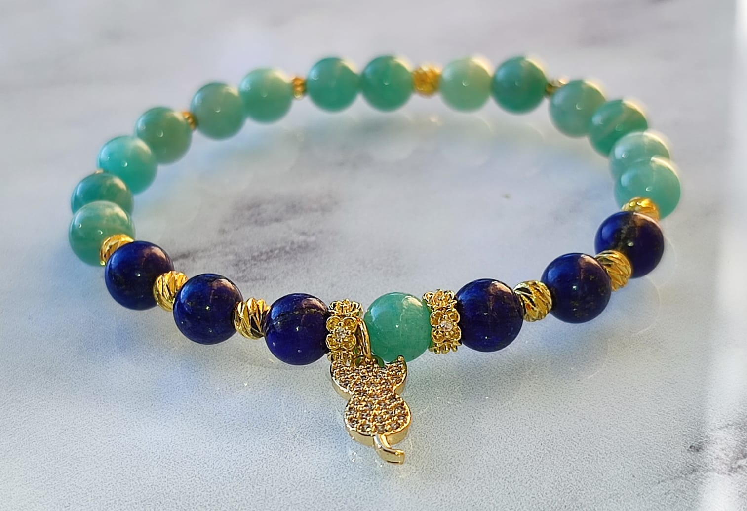 Bracelet élastique Lapis Lazuli et Amazonite Breloque Chat